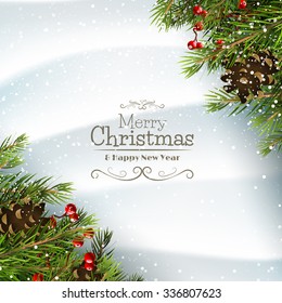 Christmas Greeting Card With Branches,pinecones And Berries On The Snow