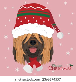 Christmas greeting card. Briard or Brie Shepherd dog wearing a scarf and a woolen cap for winter