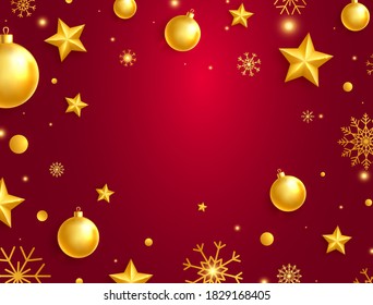 Christmas greeting card with bright gold balls, stars and snowflakes. Celebration border. Luxury red Holiday background. Chic New Year frame. Realistic golden glass xmas toys. Vector illustration.