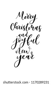 Christmas greeting card with brush calligraphy. Vector black with white background. Merry Christmas and joyful new year.