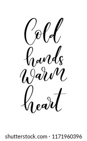 Christmas greeting card with brush calligraphy. Vector black with white background. Cold hands warm heart.