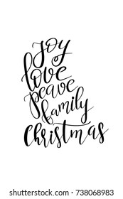 Christmas greeting card with brush calligraphy. Vector black with white background. Joy, love, peace, family, Christmas.