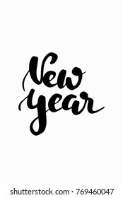 Christmas greeting card with brush calligraphy. Vector black with white background. New year.