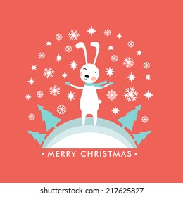 Christmas greeting card and bunny. Merry Christmas and holidays wish Vector background. 