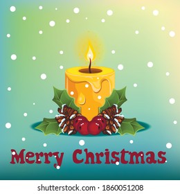 Christmas greeting card with burning candle and omela. Holiday illustration