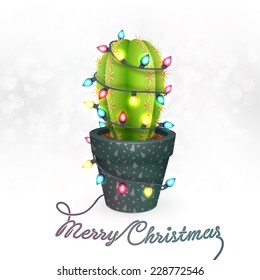 Christmas Greeting Card With A Cactus In A Pot Decorated With Christmas Lights