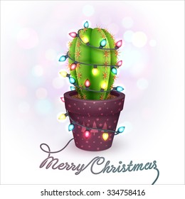 Christmas Greeting Card with a Cactus in a Pot