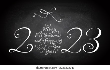 christmas greeting card with calligraphic christmas bubble ornament and chalkboard background - Merry christmas and a happy new year 2023
