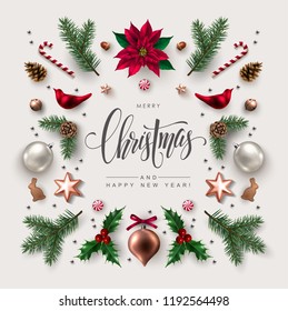 Christmas greeting card with Calligraphic Season Wishes and Composition of Festive Elements such as Cookies, Candies, Berries, Christmas Tree Decorations, Pine Branches.