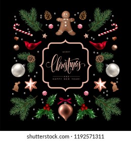 Christmas greeting card with Calligraphic Season Wishes and Composition of Festive Elements such as Cookies, Candies, Berries, Christmas Tree Decorations, Pine Branches.