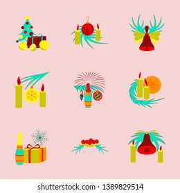 Christmas greeting card with Calligraphic Season Wishes and Composition of Festive Elements such as Cookies, Candies, Berries, Christmas Tree Decorations, Pine Branches.