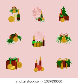 Christmas greeting card with Calligraphic Season Wishes and Composition of Festive Elements such as Cookies, Candies, Berries, Christmas Tree Decorations, Pine Branches.