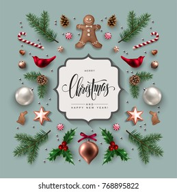 Christmas greeting card with  Calligraphic Season Wishes and Composition of Festive Elements such as Cookies, Candies, Berries, Christmas Tree Decorations, Pine Branches.