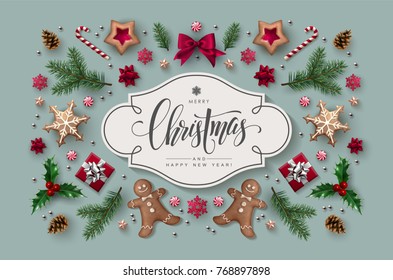 Christmas greeting card with  Calligraphic Season Wishes and Composition of Festive Elements such as Cookies, Candies, Berries, Christmas Tree Decorations, Pine Branches.