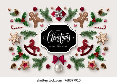 Christmas greeting card with  Calligraphic Season Wishes and Composition of Festive Elements such as Cookies, Candies, Berries, Christmas Tree Decorations, Pine Branches.