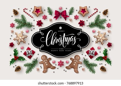 Christmas greeting card with  Calligraphic Season Wishes and Composition of Festive Elements such as Cookies, Candies, Berries, Christmas Tree Decorations, Pine Branches.