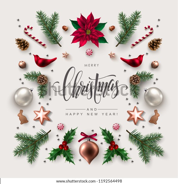 書道の季節の願いとクッキー 飴 ベリー クリスマスツリーの飾り付け 松の枝などのお祝いのエレメントの組み合わせが書かれたクリスマスグリーティングカード のベクター画像素材 ロイヤリティフリー