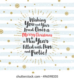 Christmas greeting card with calligraphic type design, glitter gold  sunburst and snowflakes