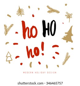 Christmas greeting card with calligraphy elements. Hand Drawn Design and Handwritten Lettering. Holiday Vector Illustration for Xmas Cards.