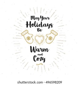 Christmas greeting card - Calligraphy greeting and glitter gold mittens with shining heart