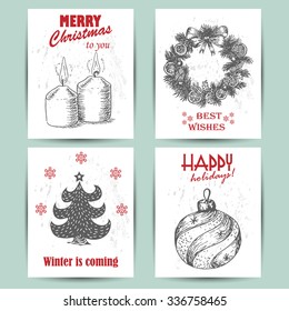 Christmas greeting card with a candle, ball, Christmas tree and wreath. Vector  illustration for your design