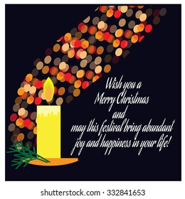 Christmas greeting card with candle and bokeh