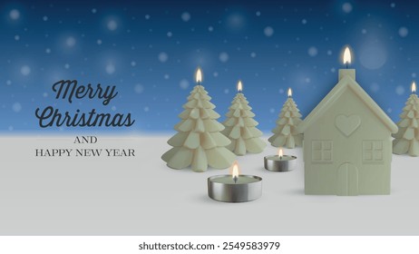 christmas greeting card with candles. christmas background with winter landscape with tree shaped candles and house shaped candle
