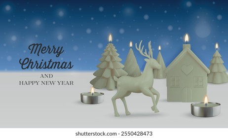 christmas greeting card with candles. christmas background with winter landscape with tree shaped candles and house shaped candle and wax reindeer