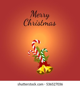 Christmas Greeting Card with candy canes. Vector illustration. Lollipop with Christmas tree branches and jingle bells.