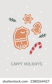 Christmas greeting card. Christmas Capybara cookies and candy cane on a gray background.