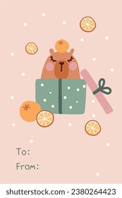 Christmas greeting card. Capybara and oranges