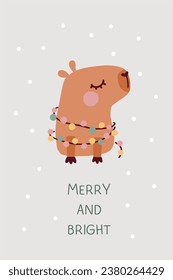 Christmas greeting card. Capybara wrapped in lights