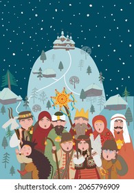 Christmas greeting card.  Carol singers.Vector illustration. Happy children singing Christmas carols in winter night landscape.