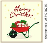 Christmas greeting card with cart (wheelbarrow) with gifts boxes