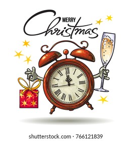 Christmas Greeting Card. Cartoon alarm clock holding glass of champagne and gift. Merry Christmas lettering. Hand drawn vector illustration isolated on white background.