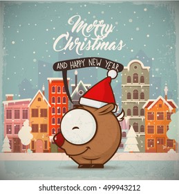 Christmas greeting card with cartoon animal character on a city background. Vector collection.