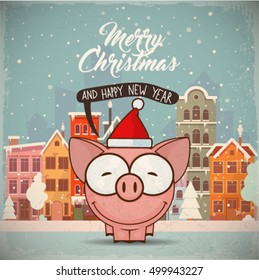 Christmas greeting card with cartoon animal character on a city background. Vector collection.
