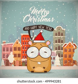 Christmas greeting card with cartoon animal character on a city background. Vector collection.