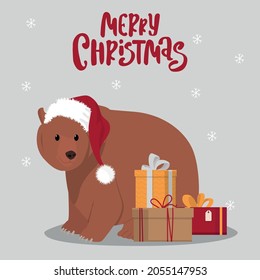 Christmas greeting card. Cartoon bear with gifts. Vector illustration