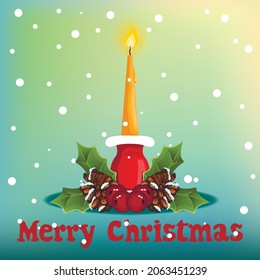 Christmas greeting card with cartoon burning candle. New Year illustration