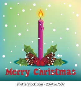 Christmas greeting card with cartoon burning candle. New Year illustration
