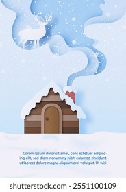 Christmas greeting card in cartoon character and paper cut style with small wooden house  on Christmas day and winter season, example texts on light blue background.