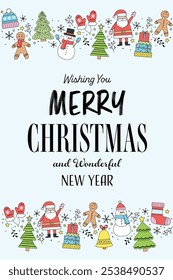 Christmas greeting card with cartoon characters and decorations. Vector illustration