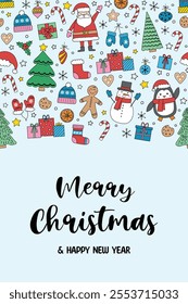 Christmas greeting card with cartoon characters and decorations. Vector illustration