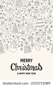 Christmas greeting card with cartoon characters and decorations. Vector illustration
