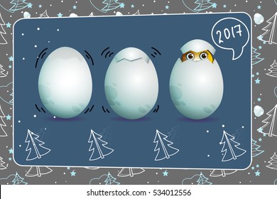 Christmas greeting card.  Cartoon chicken egg. cute chick with big eyes.