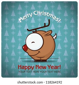 Christmas greeting card with cartoon deer. Vector illustration