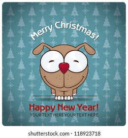 Christmas greeting card with cartoon doggy. Vector illustration