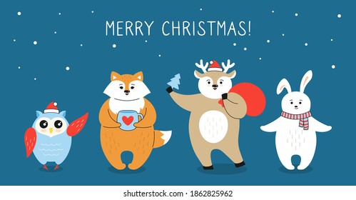 Christmas greeting card, cartoon fox, deer owl and hare. New Year character with gift box, santa bag. Hand drawn doodle cute vector. Funny animals winter celebrate