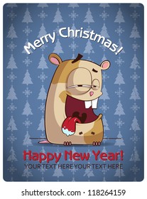 Christmas greeting card with cartoon hamster. Vector illustration